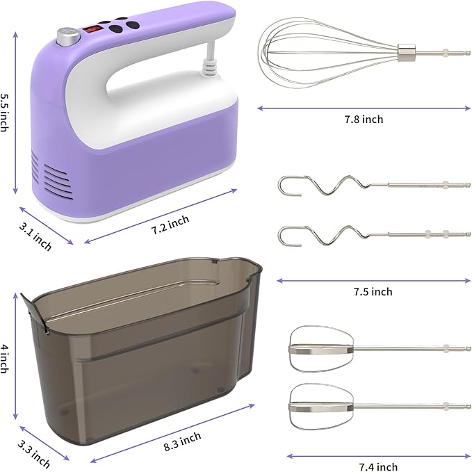 CBQ Hand Mixer Electric, 9 Speed 400W Handheld Mixer with Digital, Touch Button, Turbo, Storage Case, 5x Stainless Steel Accessories, Mixer Electric Handheld for Cake, Cookie, Egg (Lavender Purple)