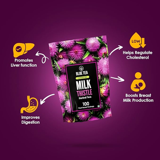 BLUE TEA - Milk Thistle Tea - 100 Count - Pyramid Plant Based Tea Bag | Liver Cleaning and Immune Support | Milk Thistle Seeds - Caffeine Free - Herbal Tea - Non Bitter | Zipper Pack