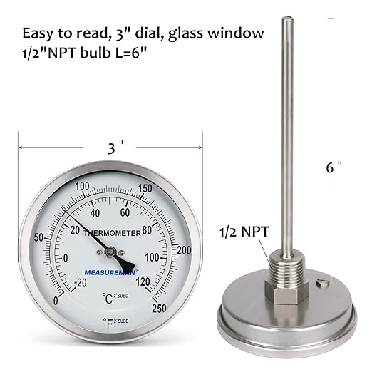 MEASUREMAN Fully Stainless Steel Pot, Kettle, Brewing Bimetal Dial Thermometer, 3" Dial, 6" Stem, 0-250 deg F/-20-120 deg C, -1% Accuracy, Adjustable, 1/2" NPT Back Mount