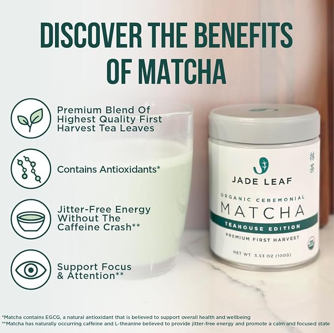 Jade Leaf Matcha Organic Premium Ceremonial Grade Matcha Green Tea Powder - Japanese - Culinary, Ingredient, Ceremonial Barista Teahouse, Latte, Collagen, 16 Ounce (Pack of 1), Ceremonial Teahouse