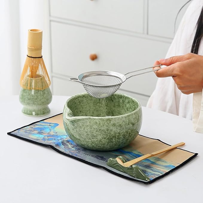 Matcha Set, 7 Pieces, Matcha Bowl with Spout, Whisk, Holder, Bamboo Scoop, Stainless Steel Sifter Matcha color