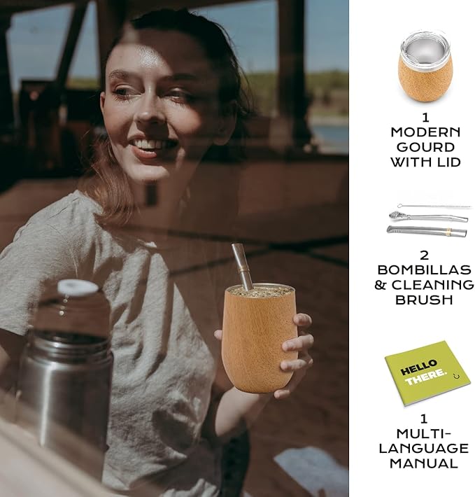 BALIBETOV 5 pcs large Yerba Mate Cup and Bombilla Kit, Includes one 12 oz Yerba Mate Gourd with Lid, Two Bombillas Mate Straw and one cleaning brush | Stainless steel | Double Walled