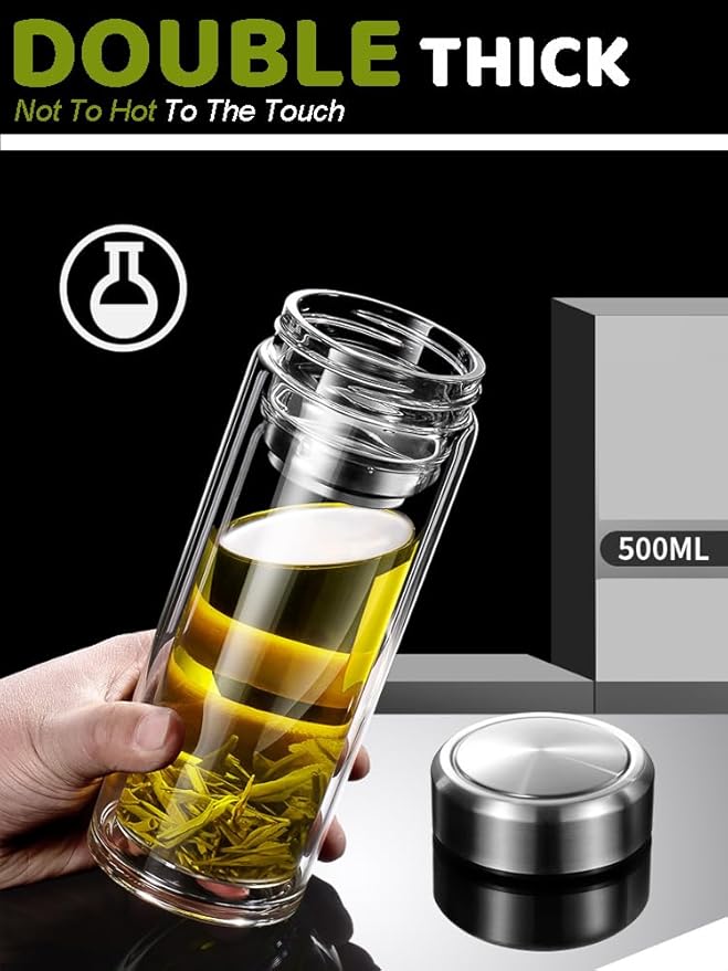 17oz Tea Tumbler with Infuser, 500ml Double Wall Borosilicate Glass Tea Bottle 100% Leak-Proof with 2 in 1 Stainless Steel Filter