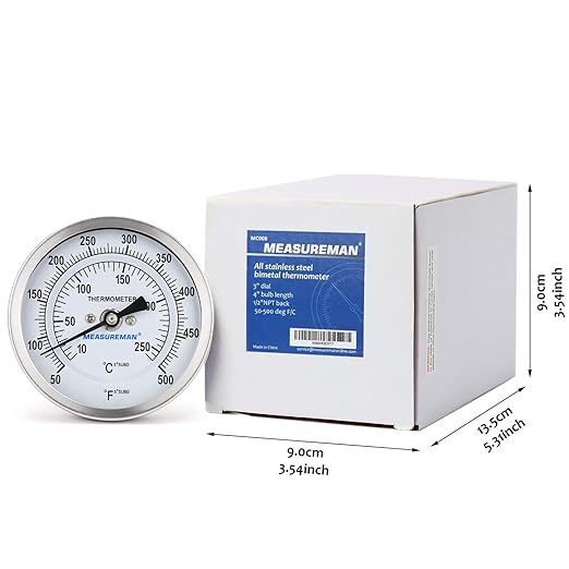 MEASUREMAN Fully Stainless Steel Bimetal Dial Thermometer, 3" Dial, 4" Stem, 50-550 deg F/10-260 deg C, -1% Accuracy, Adjustable, 1/2" NPT Back Mount