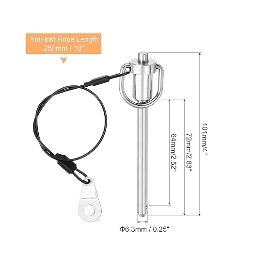 uxcell 1 Pcs Quick Release Pin, 6.3x64mm/1/4" x 2.52"(Dia. x L) Push-Button Ball Locking Pin 304 Stainless Steel Ring Handle Locking Pin with Wire for Audio Bimini Top Marine, Silver