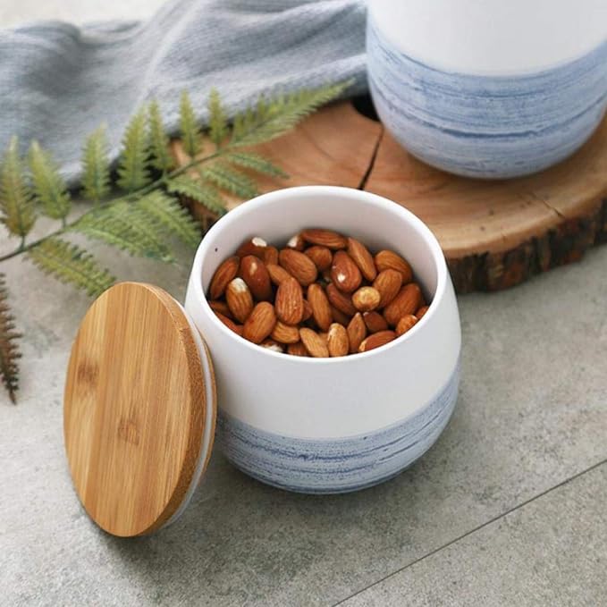 Food Storage Jar White Ceramic Food storage canister with Airtight Wooden Lid for serving Coffee, Tea, Sugar, Spice and More (700ml)