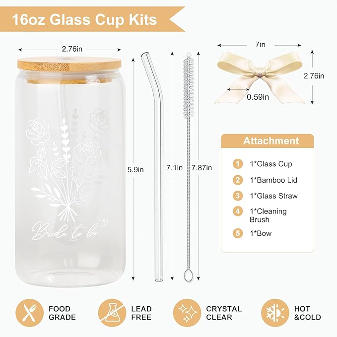 Bride To Be Glass Cup with Lid & Straw-Cute Aesthetic 16oz Iced Coffee Cup Smoothie Tumbler Gift for Engagement Bachelorette Bridal Shower Wedding