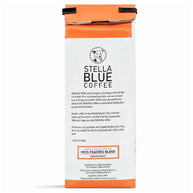 Stella Blue Whole Bean Coffee, Miss Peaches Blend, Medium Roast, Citrus, Caramel and Fruity Notes, 100% Arabica, Ethically Sourced from Central and South America, 12 oz bag