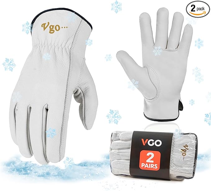 Vgo... 2-Pairs 32℉ or Above Lined Winter Cow Grain Leather Work and Driver Gloves (Size XL, Cream, CA9501F)