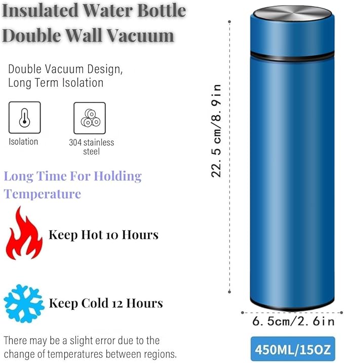 Insulated Water Bottles- Vacuum Tumbler for Coffee, Tea and Drinks with Stainless Steel Infuser - 15 oz Tea Thermo Travel Bottle/Keeps Drinks Hot or Cold for Hours/Gift Packing(Blue)