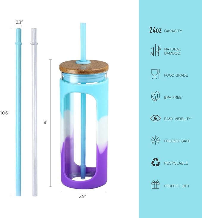 Kodrine 20oz Glass Tumbler with Straw and Lid, Iced Coffee Cups with Bamboo Lids, Glass Cups for Cold Drinks, Smoothie Cup with Silicone Sleeve for Travel, Work, BPA FREE-Blue Purple