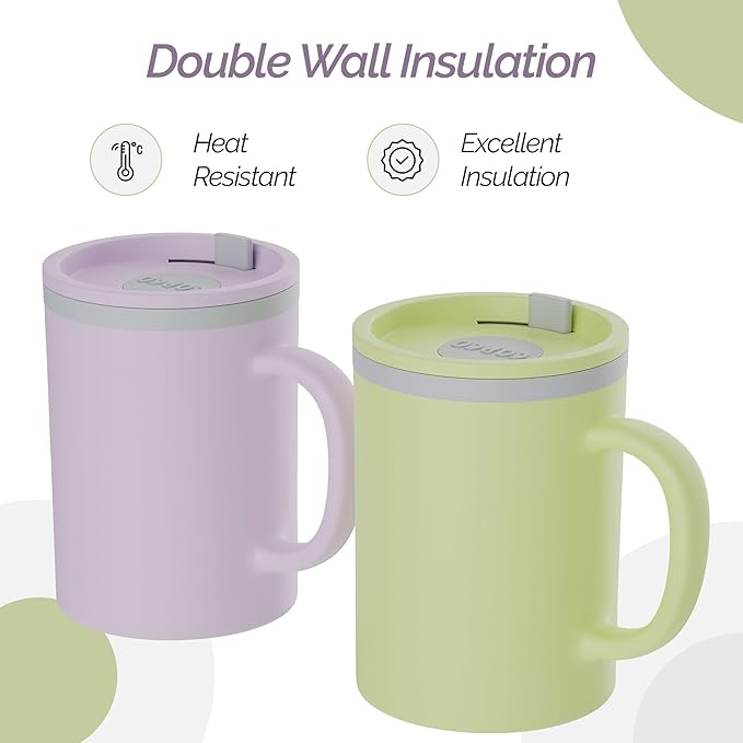 Copco Insulated Coffee Mug with Lid and Handle, 16oz Tumbler, Double Wall To-Go Cup, for Travel, Office, School, Camping, BPA-Free Reusable Plastic, Iconic Set of 2, Purple/Yellow