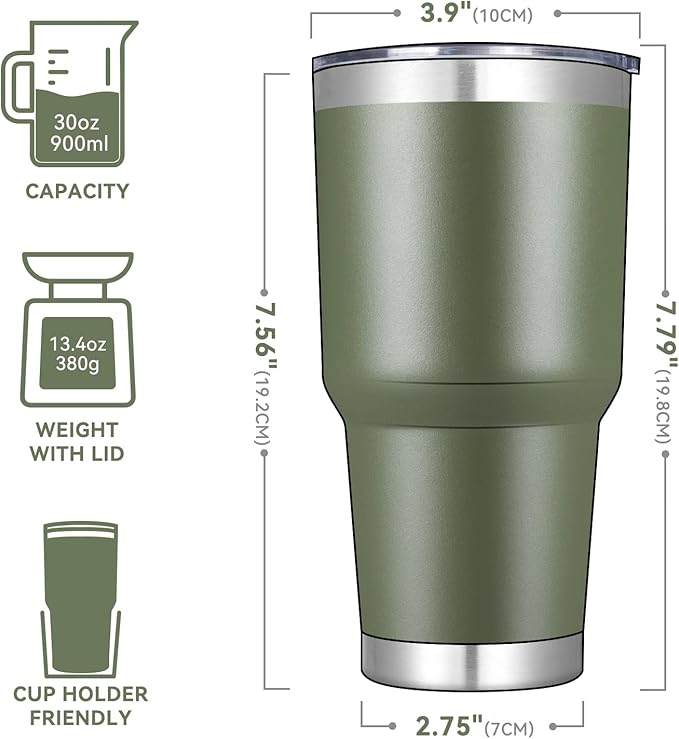 DOMICARE 30 oz Tumbler with Lid and Straw, Stainless Steel Tumblers Bulk, Insulated Vacuum Double Wall Travel Coffee Mug, Durable Powder Coated Tumbler Cups (Army Green, 8)