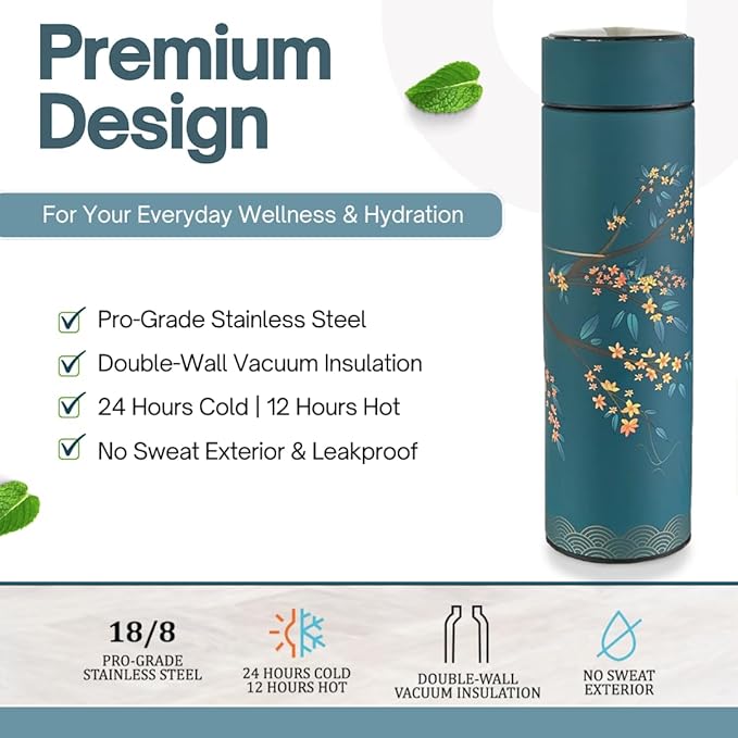Farasi Tea Infuser for Loose Leaf Tea Smart Water Bottle with Fahrenheit Temperature Display, Stainless Steel Insulated Coffee and Fruit Tea Infuser Bottle - Green Floral Travel Tea Mug 15 oz