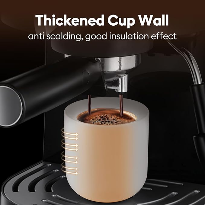 A set of 2 matte white ceramic espresso cups, thickened cup walls, slanted mouth design, each with a capacity of 3 ounces, hand washable only
