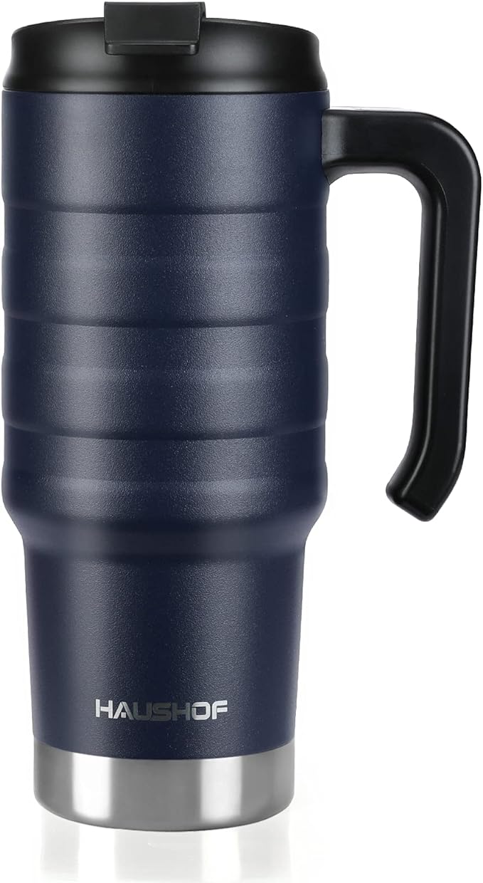 HAUSHOF 24 oz Travel Mug, Stainless Double Wall Vacuum Insulated Tumbler with Handle & Spill Proof Twist On Flip Lid and Wide Mouth, BPA Free (Navy Blue)