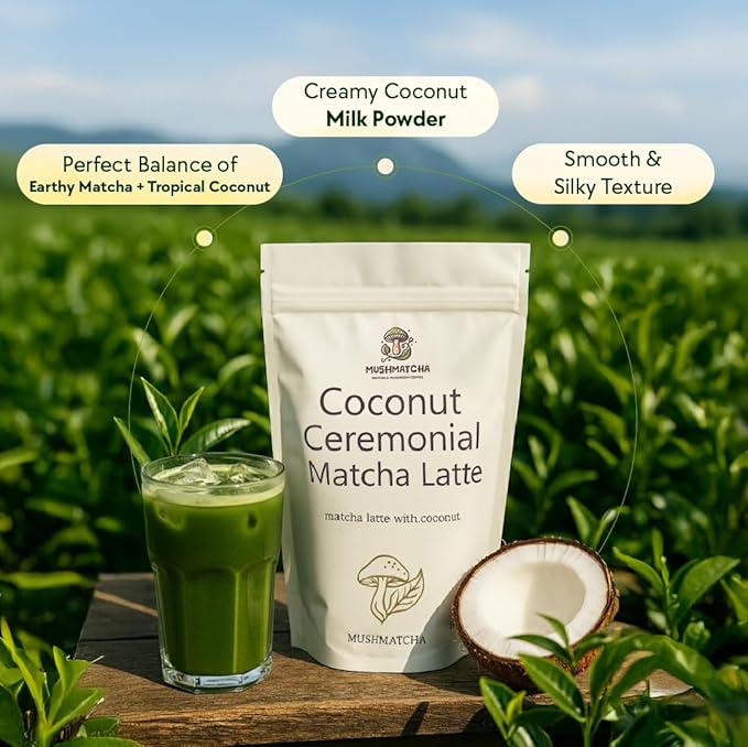 Mushmatcha Ceremonial Coconut Matcha Latte Powder - Organic Green Tea Matcha Powder with Smooth Coconut Cream - Vegan Superfood Drink for Focus & Energy – Dairy-Free, Gluten-Free, 100% Natural – 100g