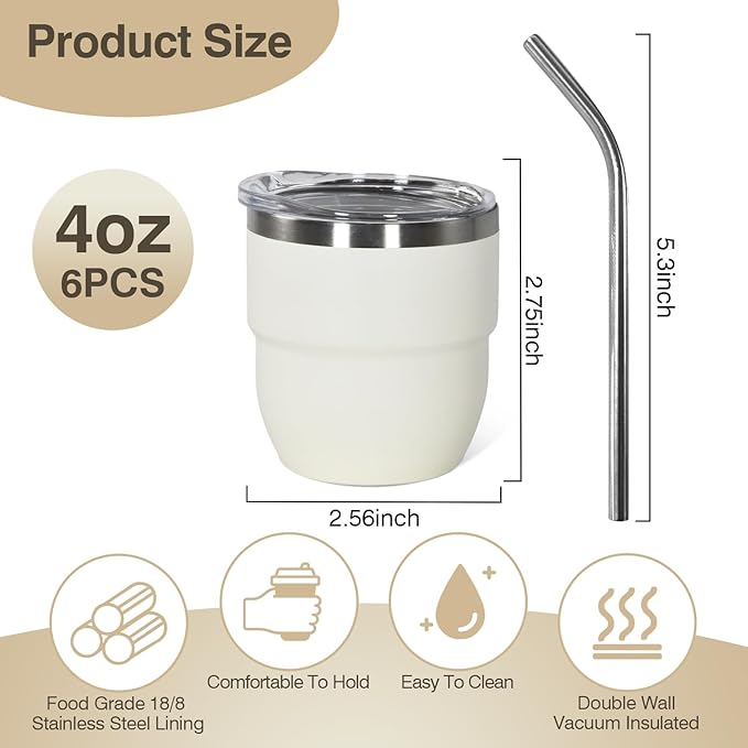 4oz Stackable Cup, Vacuum Insulated Espresso Cup Set of 6, Espresso Shot Glass for Coffee, Double Wall Stainless Steel Mini Tumbler Shot Glasses with Straw and Lid (A-white6P, 4oz)