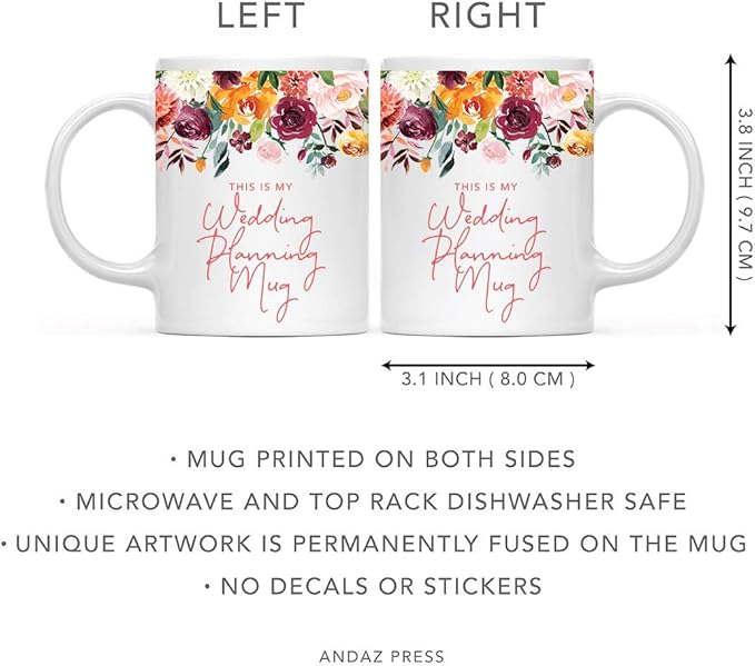 Andaz Press 11oz. Wedding Ceramic Coffee Tea Mug Gift, Fall Autumn Burgundy Orange Peach Flowers Roses Florals, This is My Wedding Planning Mug, 1-Pack, Includes Gift Box