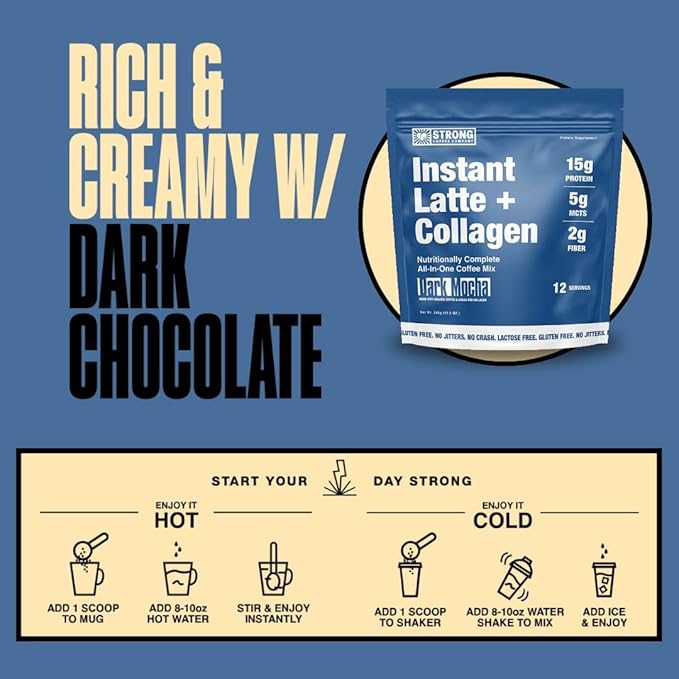STRONG COFFEE COMPANY Instant Cacao Latte - 15g Protein, Instant Protein Coffee with Collagen, Adaptogens & Nootropics, No Crash, No Jitters, 12 Servings Bag