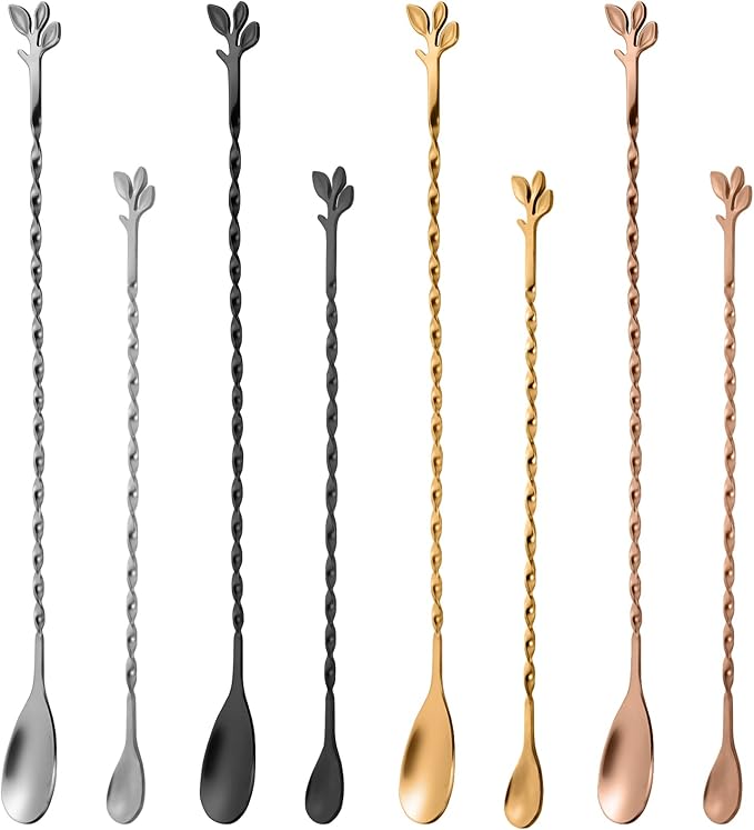 AnSaw Rose Gold 10-Inch Stainless Steel Cocktail Spoon with Leaf Handle - Perfect for Mixing & Layering Drinks in Tall Cups, Bar & Shakers - Durable Long Handle Bar Stirrer,1-Pieces
