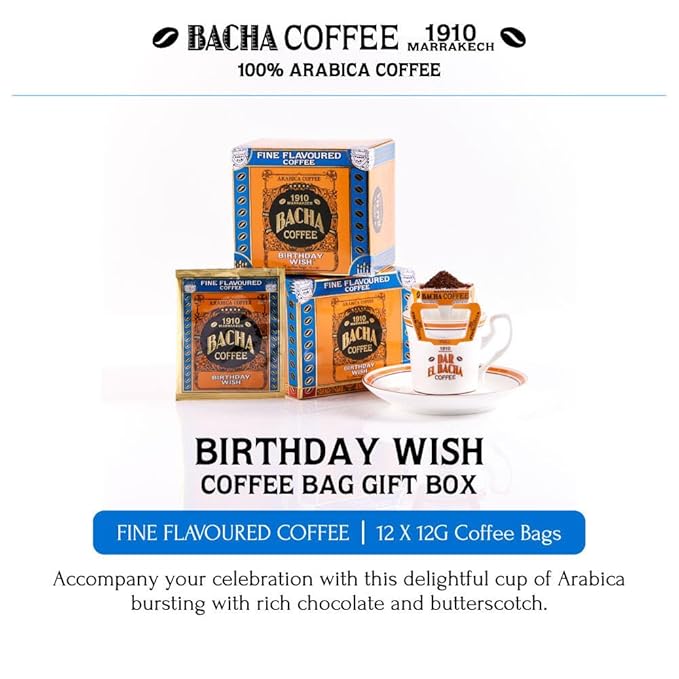 Bacha Coffee | Birthday Wish Fine Flavoured, Medium Roast, 100% Arabica Specialty Coffee, 12 Coffee Drip Bags, Gift Box
