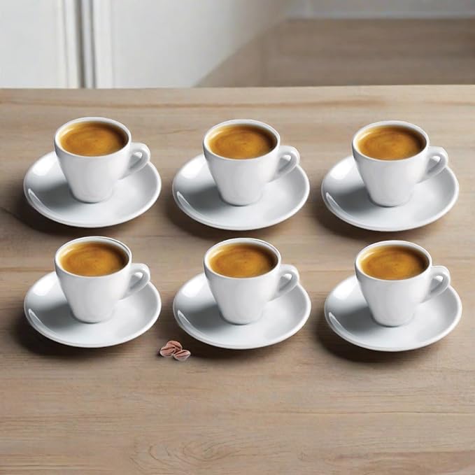 CUISINOX Italian Classic White Porcelain Espresso Cups and Saucers – Set of 6, 2 oz – Coffee Cups for Espresso Shots, Cappuccino, Latte – Perfect for Home and Coffee Bar Accessories