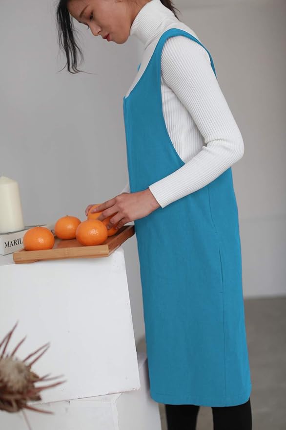Cotton Linen Japanese Apron Halter Cross Back Bandage X Shape Aprons Two Pockets