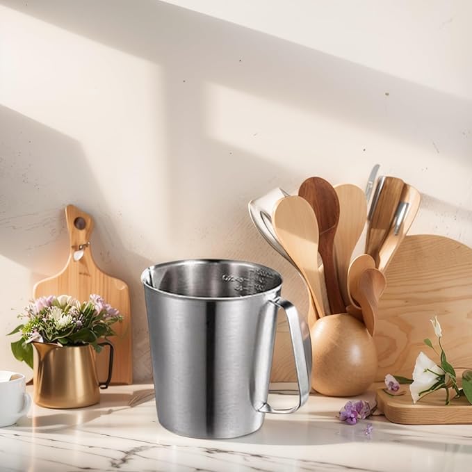 Stainless Measuring Cup (2000ML), KSENDALO 8 Cup Stainless Measuring Cup, Stainless Pitcher with Marking with Handle, 64 Ounces (2.0 Liter)