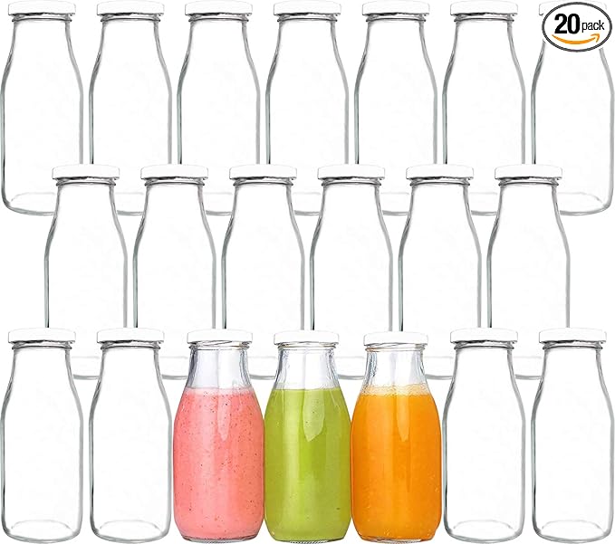 QAPPDA 12 oz Glass Bottles, Glass Milk Bottles with Lids, Vintage Breakfast Shake Container, Vintage Drinking Bottle with Chalkboard Labels and Pen for Party,Kids,Set of 20