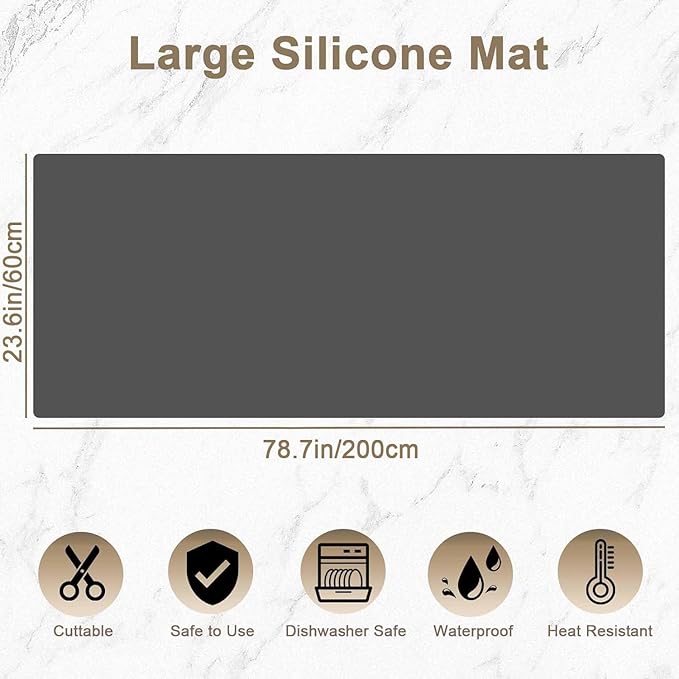 78.7"x23.6" Large Silicone Mat for Kitchen Counter, Heat Resistant Non-Slip Countertop Protector, Waterproof Silicone Craft Mat for Kitchen Island, Black