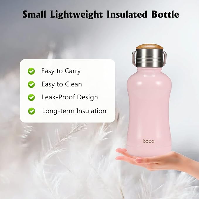 YOHKOH Mini Insulated Water Bottle With Bamboo Lid - 8.8oz Small Vacuum Insulated Water Bottle for Women Kids, 12 Hrs Hot & 24 Hrs Cold Stainless Steel Thermos Leak-Proof BPA-Free (8.8oz,Pink)