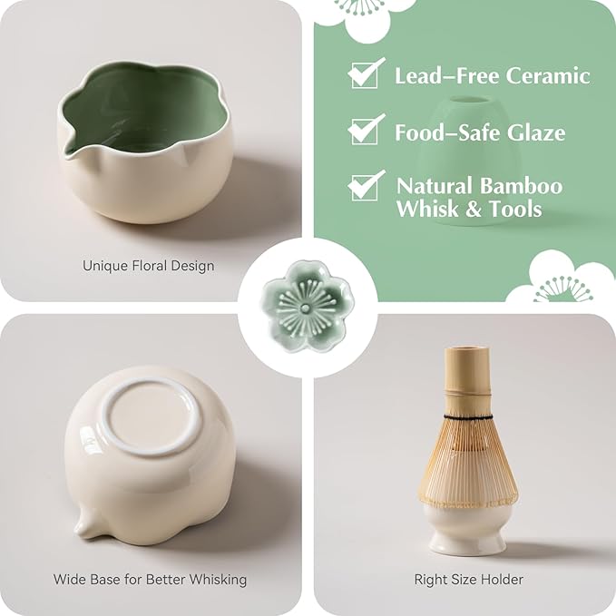Matcha Set, 8Pcs Floral Ceramic Matcha Set with Matcha Whisk, Holder, Scoop, Scoop Rest, Sifter, Spoon and Tea Towel - Thoughtful Matcha Whisk Set Gift for Matcha Lovers (Beige & Green)