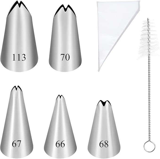 5PCS Piping Tips, Stainless Steel Cake Decorating Tips, Suitable for Pastry Fondant Cupcakes, with 50PCS Piping Bags, 1PCS Cleaning Brush
