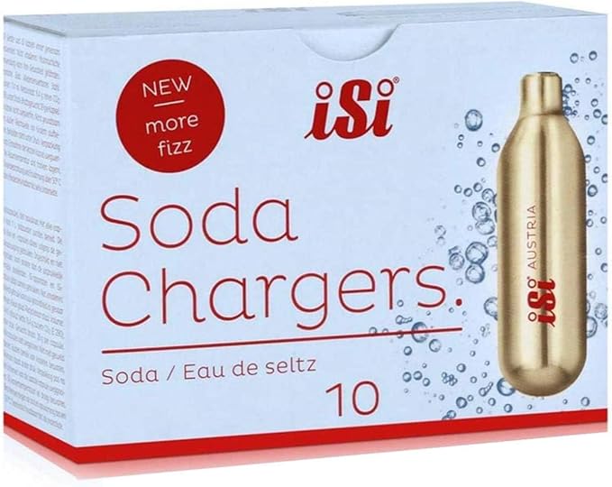 iSi North America Classic Sodamaker Set with Soda Siphon Chargers, 10-Pack - Stainless Steel 1-Quart Sparkling Water System & CO2 Carbonation Chargers for Carbonated Drinks, Juices, Cocktails