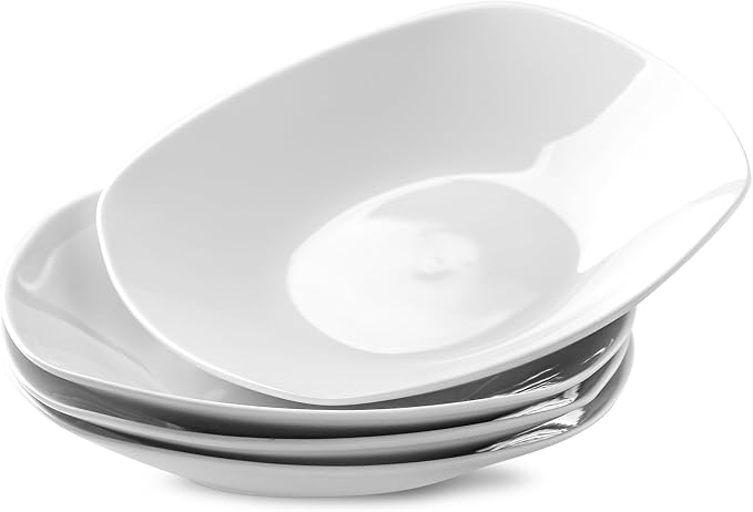 fMBB Ceramic Large Soup Bowls, 8.6 Inches, Modern 4-Piece Deep Salad Plates Set, Porcelain Square Plates, for Fruit, Cereal, Dessert, Snack - White