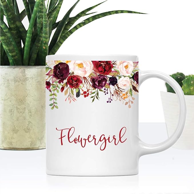 Andaz Press 11oz. Wedding Ceramic Coffee Tea Mug Gift, Fall Autumn Marsala Burgundy Flowers Roses Florals, Flowergirl, 1-Pack, Includes Gift Box