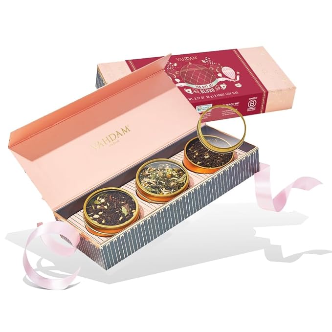 VAHDAM, BLUSH - Assorted Christmas Tea Gift Set for Women (3 Premium Teas) Tin Caddy Presentation Box | Loose Leaf Teas | Gluten Free & Non GMO | Gifts for Her