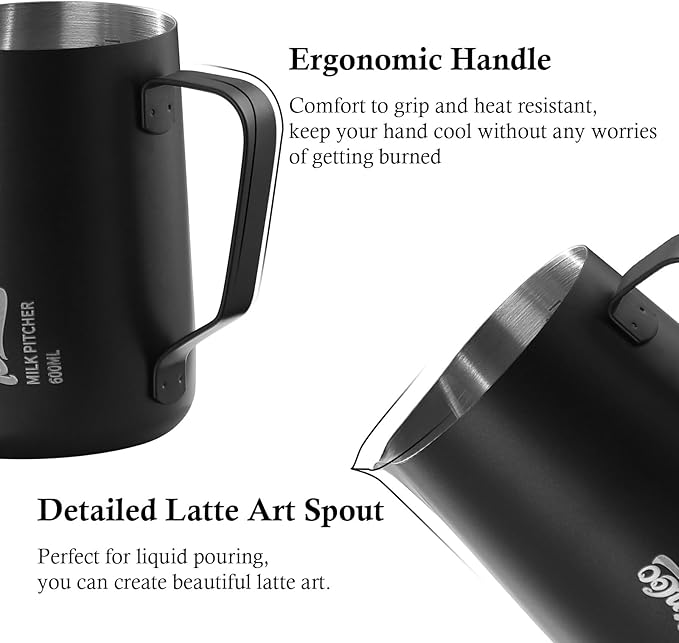 600ML Milk Frothing Pitcher - SUS304 Stainless Steel Latte Art Coffee Jug – Barista-Grade Milk Frother Cup with Precision Spout, Measurement Markings & Ergonomic Handle for Home & Café