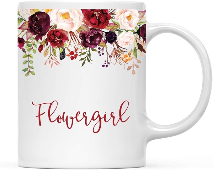 Andaz Press 11oz. Wedding Ceramic Coffee Tea Mug Gift, Fall Autumn Marsala Burgundy Flowers Roses Florals, Flowergirl, 1-Pack, Includes Gift Box