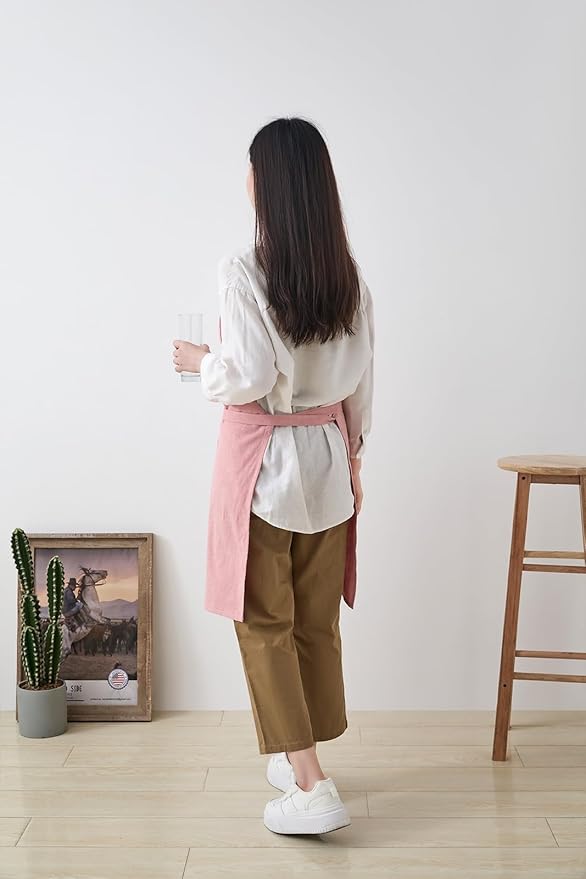 Cotton Linen Apron for Women - Adjustable Casual Apron with Pocktes, Great for Florist, Coffee House and Kitchen