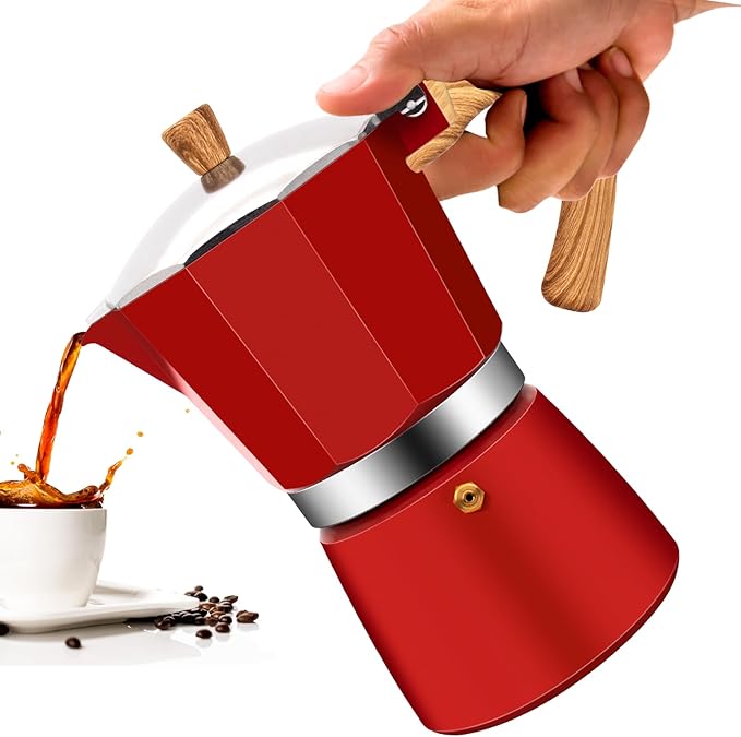 6 Cup Aluminum Moka Pot Classic Stovetop Espresso Coffee Maker 300ml 10oz Coffeemaker Percolator Mocha Pot Greca Coffee Maker Cafe Makers for Italian and Cuban Café Brewing Red