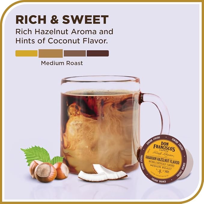 Don Francisco's Hawaiian Hazelnut Flavored Coffee - 100 K-Cup Compatible Single-Serve Pods - 100% Arabica with Coconut Hint - Recyclable through TerraCycle - Compatible with Keurig Brewers