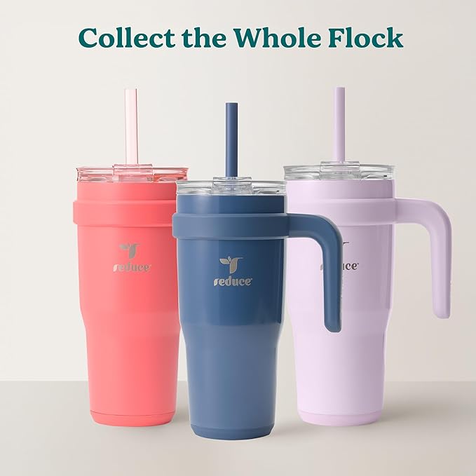 REDUCE 24 oz Tumbler with Handle - Vacuum Insulated Stainless Steel Travel Mug with Sip-It-Your-Way Lid and Straw - Keeps Drinks Cold up to 24 Hours - Sweat Proof, Dishwasher Safe - OG Papaya