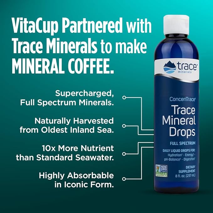 VitaCup Mineral Coffee with Trace Minerals, Hydrate, Replenish & Restore w/All Natural Sea Minerals, Electrolytes, Organic, Single Origin, Medium Dark Roast, Ground Coffee, 6 Bags 10oz Each