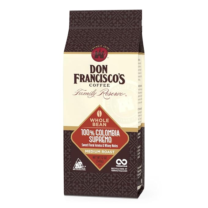 Don Francisco's Colombia Supremo Whole Bean Coffee, Medium Roast – 100% Arabica, 12 oz Bag, Premium Coffee for Drip, Pour Over and French Press