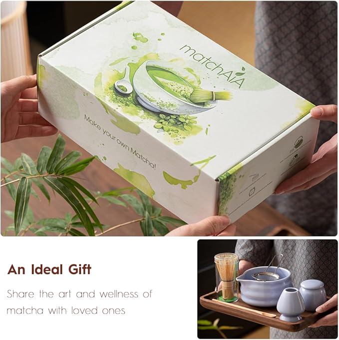 Matcha Whisk Set 8 Pcs - Ceramic Bowl, Bamboo Whisk with Holder, Canister, Sifter, Schima Spoon, Spoon Rest and Tea Towel, Complete Kit for Traditional Matcha and Modern Lattes (Purple)