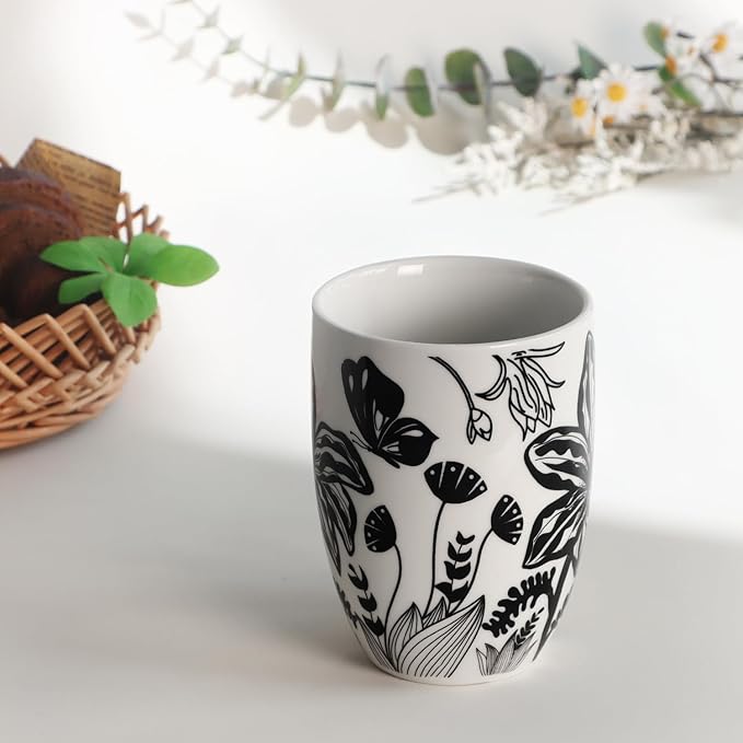 16oz Black and White Boho Floral Mug - Unique Coffee Mugs and Tea Cup, Novelty Ceramic Cups Gifts for Women and Men.