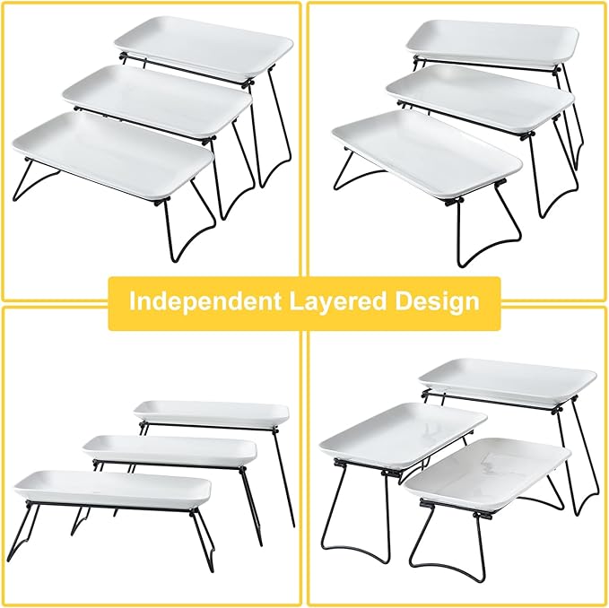 HAPPY KIT 3 Tier Serving Tray Set and Tiered Tray Stand,12 Inch Widened Porcelain Platters with Freely Combinable Rack,Decor Cupcake Stand for Christmas Party Display,Dessert Trays Collapsible