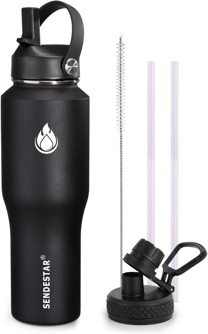 SENDESTAR Water Bottle 32oz,2 Lids(Straw lid),Wide Mouth Stainless Steel Vacuum Insulated Double Wall Keep Liquids Cold or Hot All Day,Sweat Proof Sport Design,Fit Car Cup Holder(Black)